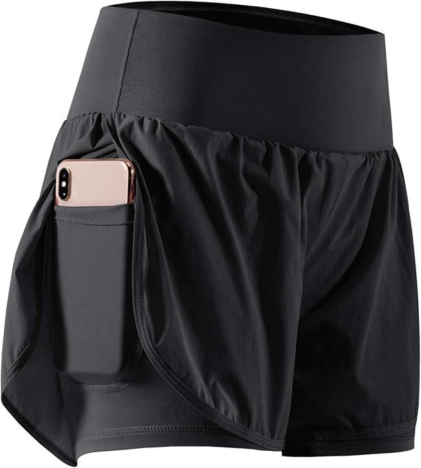 CADMUS 2 in 1 Women's Workout Shorts Athletic Gym Running Shorts for Women Phone Pockets, Black, Small