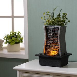Tabletop Water Fountain with LED Lights Cobbles for Desk Accessories, Waterfall Fountain Indoor for Home Decor with Plastic Pots to Grow Your Favorite Plants for Home Office Bedroom Relaxation (24285) (Gray Black)