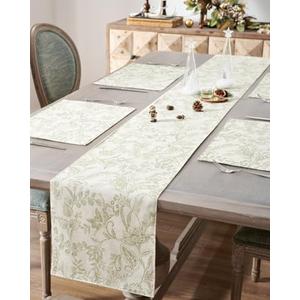 jinchan Spring Table Runner Linen Farmhouse Table Cloth Green Floral Decorative 72 Inch Botanic Printed Burlap Handcrafted Flax Coffee Table Decor 1 Panel Sage Green on Beige