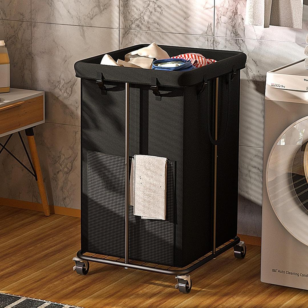 Laundry Basket 150L (39.6 gallons), Oxford Fabric Laundry Hampers, Metal Frame and Removable Bag Design with Wheels, Suitable for Bedroom, Bathroom, Dorm Room, Laundry Room (Pure Black)