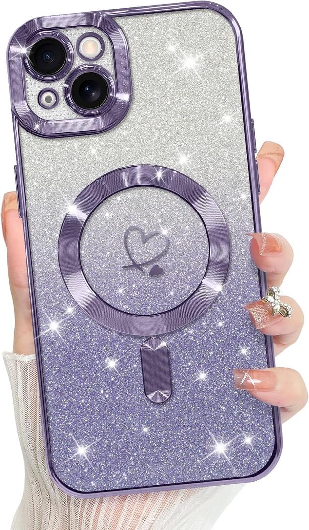 Bonoma Compatible with iPhone 15 Case Support for MagSafe, Plating Heart Glitter Magnetic 2* Screen Protector TPU Camera Protection Back Cover for Girls Women -Purple