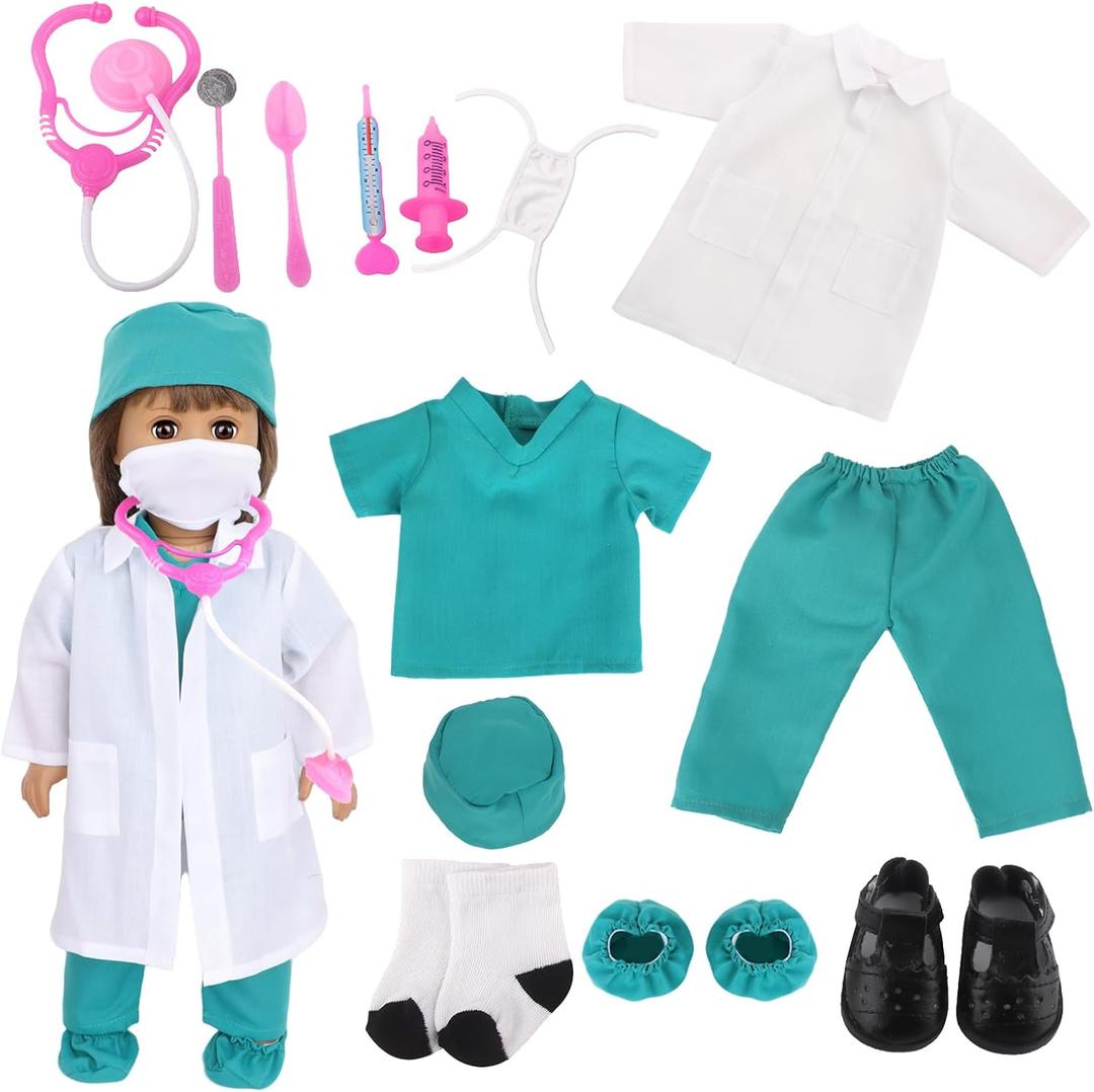 18-Inch Doll Doctor Playset-Pretend Play Medical Kit with White Coat,Scrubs & Surgical Tools,STEM Roleplay Costume for Kids Ages 3-12,Fits Most 18-Inch Girl & Boy Dolls(Green)
