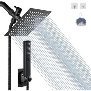 8'' Matte Black Shower Head with hose, 2 in 1 Setting High Pressure Shower Heads, Anti-leak Rainfall Shower Head with Holder, Dual Rain Shower Head with Handheld Spray, Bellearlly