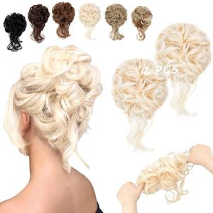 2PCS Messy Bun Hair Piece Tousled Updo with Tendrils Wavy Curly Hair Bun Scrunchies Ponytail Extension Elastic Band Hairpieces For Women (Bleach Blonde)