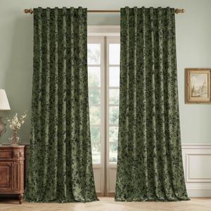 RYB HOME Olive Green Velvet Curtains 102 inches Long, Printed Floral Vintage Design Home Decoration Thermal Insulated Privacy Protect Drapes for Bedroom Living Room, W50 x L102 inches, 2 Panels