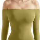 SUUKSESS Women Off the Shoulder Long Sleeve Bodysuit Double Lined Thong Bodysuit (Large, Olive)