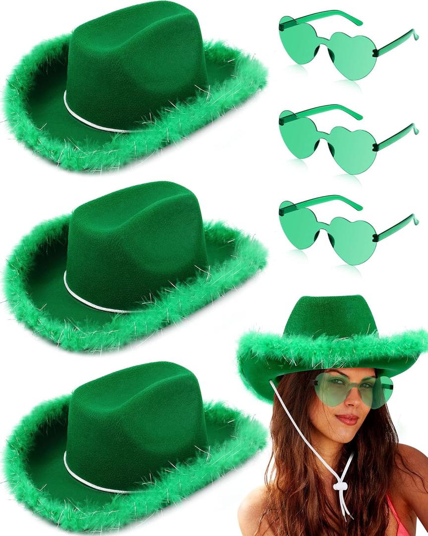 Tarpop 3 Pack Cowgirl Hat with Feather Heart Sunglasses Western Cowboy Hat Set for Bachelorette Party Preppy Costumes Wedding (Green)