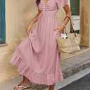 BTFBM Womens Spring Dresses 2026 Casual Short Sleeve V Neck Drawstring Wedding Guest Maxi Dresses Boho Beach Long Dress (S)