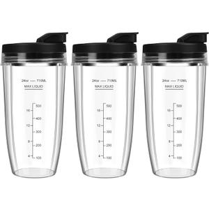 Blender Cups Replacement for Ninja, 24oz Ninja Blender Cups with To-Go Lids Compatible with Ninja BL450, BL456, BL480, BL2012, BL2013, BN401, BN751, BN801, SS101, SS151 (3 Pack) (3 X 24oz Cups)