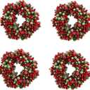 Christmas Red & Green Frosted Berry 5.75" Mini-Wreath/Candle Ring OR Set of 4 Napkin Rings/Tiny Wreath Ornaments (4, 3.75 inch)