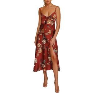Fashionme Women Spaghetti Strap Midi Satin Dresses Tie Front Backless Split Hollow Dress (X-Large, Maroon)