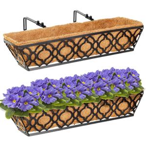HFHOME 24 Inch Window Deck with Coco Liner, 24" Window Boxes Horse Trough with Coconut Coir Liner, Black Metal Hanging Flower Planter Basket Railing Planter for Outdoor Indoor Lawn - 2 Pack