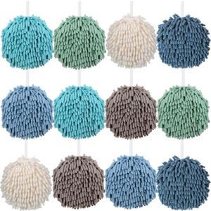 Macarrie 12 Packs Fluffy Towel Chenille Hand Towel Absorbent Fast Drying Hand Drying Puff with Loop for Bathroom Kitchen Decor, 6 Colors