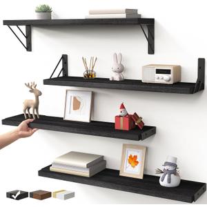 BAYKA Wall Mounted Floating Shelves, Wood Floating Wall Shelf for Books & Decor, Small Space-Saving Display & OrganizerBlack23inSet of 4