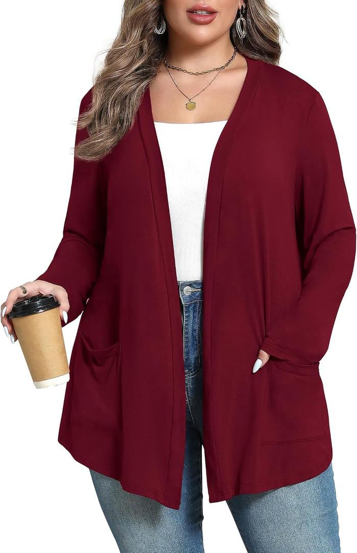 Women's Plus Size Lightweight Long Sleeve Casual Soft Open Front Cardigan 2026 Summer Cover ups with Pockets (Red, XXXL)