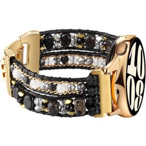 Beaded 20mm Watch Band Compatible with Samsung Galaxy Watch 7/6/5/4 Band/Active 2 Bands 40mm 44mm/Galaxy Watch 5 Pro Band/Watch 3 41mm/Watch 4 Classic 42mm 46mm, Boho Watch Bracelet Strap Smart Watch Band for Women Men Black Beads, One size
