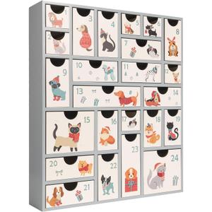 Wooden Refillable Advent Calendar 2025, 14.6 Inch 24 Days Pet Christmas Countdown Calendar with Large Storage Drawers, Holiday Decor for Kids Cat Dog Lovers, Reusable Fillable Xmas Empty Box