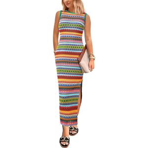 PRETTYGARDEN Womens Maxi Tank Spring Dress Sleeveless Crew Neck Striped Side Slit Casual Long Bodycon Dresses (M)