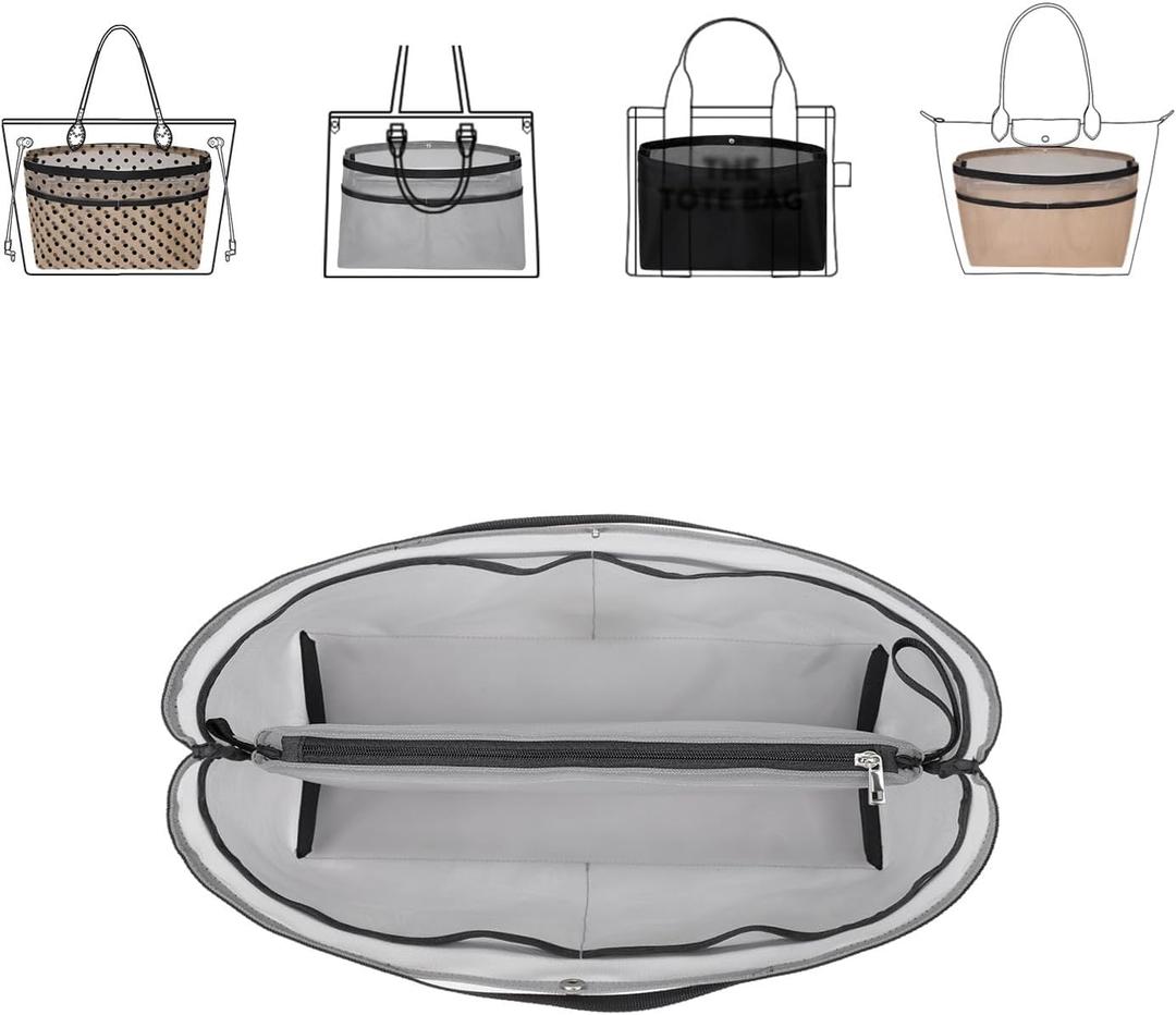 ZTUJO Purse Organizer Insert For Handbags,Mesh Bag Organizer Insert With Zipper Bag Tote Shaper Fit Speedy Neverful PM MM le Pliage,Light Weight (Grey, Medium)