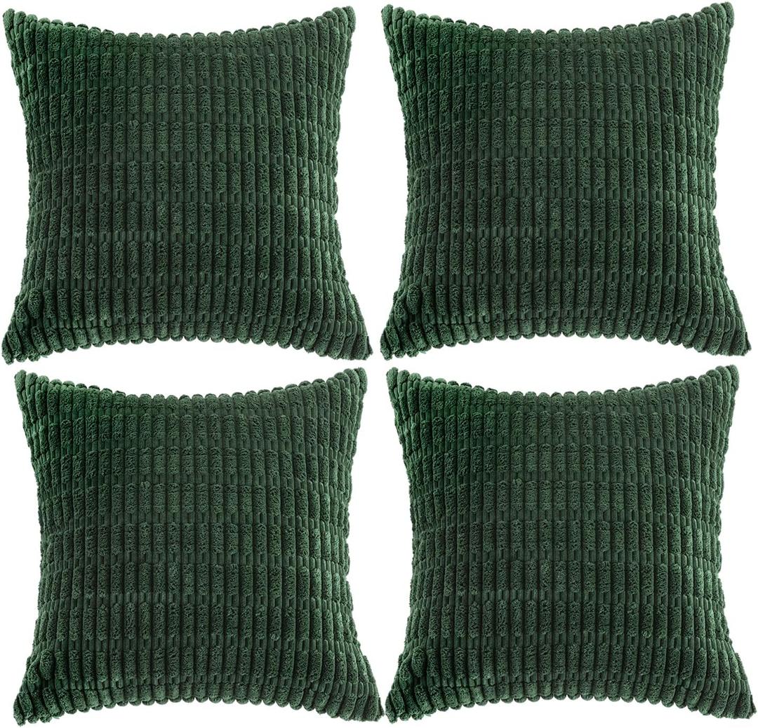 Fancy Homi 4 Packs Hunter Green Decorative Throw Pillow Covers 20x20 Inch for Couch Bed Sofa, Forest Green Boho Home Decor, Soft Plush Corduroy Cute Emerald Green Square Cushion Case 50x50 cm