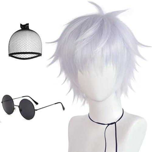 JoneTing Gojo Wig【+Hair Cap+A pair of Glasses】 Short Silver Wig Light Purple Wigs With Bang White Cosplay Hair for Halloween Cosplay Party Peluca Violeta Claro for Party