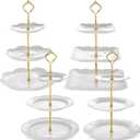 Tioncy 4 Pack 3 Tier Cupcake Stand Ceramic Cake Tower Stand Three Tiered Serving Tray Dessert Table Display Set for Pastry Fruit White Vintage Porcelain Embossed Platter for Wedding Birthday Party