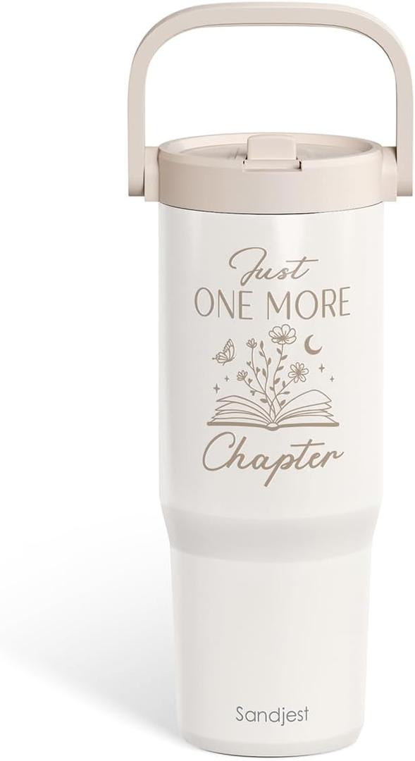 SANDJEST Book Lover Stainless Steel Straw Lid Tumbler 30oz with Carry Handle for Women Girls, One More Chapter Insulated Travel Coffee Cup, Gift for Sports Outdoor Workout Christmas Birthday
