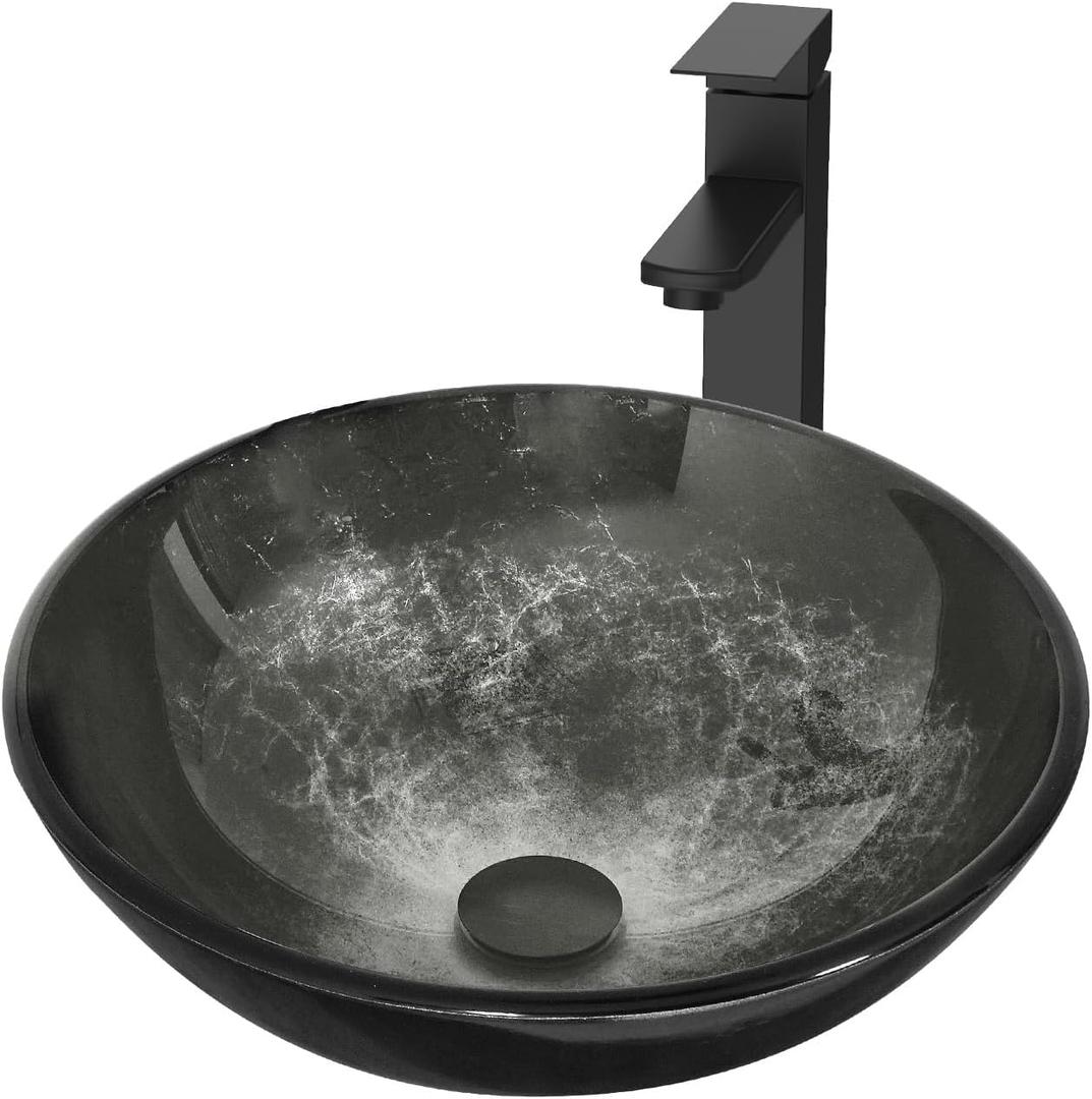 Bathroom Artistic Vessel Sink, Tempered Glass Vanity Round Bowl with Oil Rubber Bronze Faucet and Pop up drain Set, Black