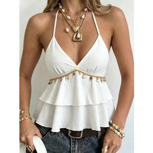 Women’s Casual Elegant Boho Shell Decor Cami Blouse, White Spaghetti Strap Sleeveless Ruffle Hem Tie Back Summer Top, Size XS 