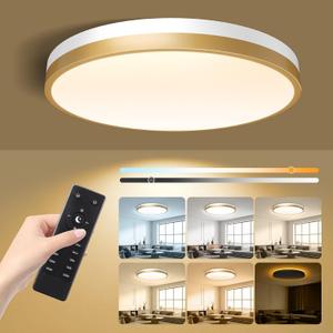 13 Inch Flush Mount Ceiling Light with Remote Control & Night Light, 5CCT Dimmable Ceiling Light Fixture, 25W 2500LM 2700K-6500K Adjustable LED Ceiling Lights for Bedroom Kitchen, White Gold