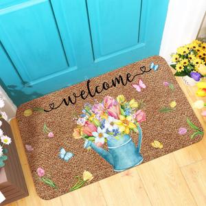 Doormat Coir Welcome Door Mat Colorful Print Floral Decoration Flower Indoor Outdoor Entrance Non Slip Door Rugs for Summer Front Easy Clean Entryway 29.5 x 17.7 Inch(Watering Pot)