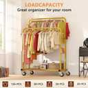 Laiensia Double Rods Garment Rack with Wheels, Clothing Rack for Hanging Clothes,4 Hooks, Multi-functional Bedroom Clothes Rack, Gold