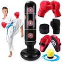 Halloscume 7 Pcs Kids Punching Bag Set Include Boxing Gloves, Inflatable Punching Bag, Hand Wraps, Boxing Hand Pads, Air Pump, Kids Boxing Training Set for Karate Kickboxing Taekwondo