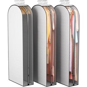 10" Gusseted Garment Bags for Hanging Clothes 60" Suit Bags for Open Closet Storage, Side Clear Clothing Cover for Coat, Dress, Jacket, Shirt, Fur Wardrobe Protector, 3 Packs, Grey
