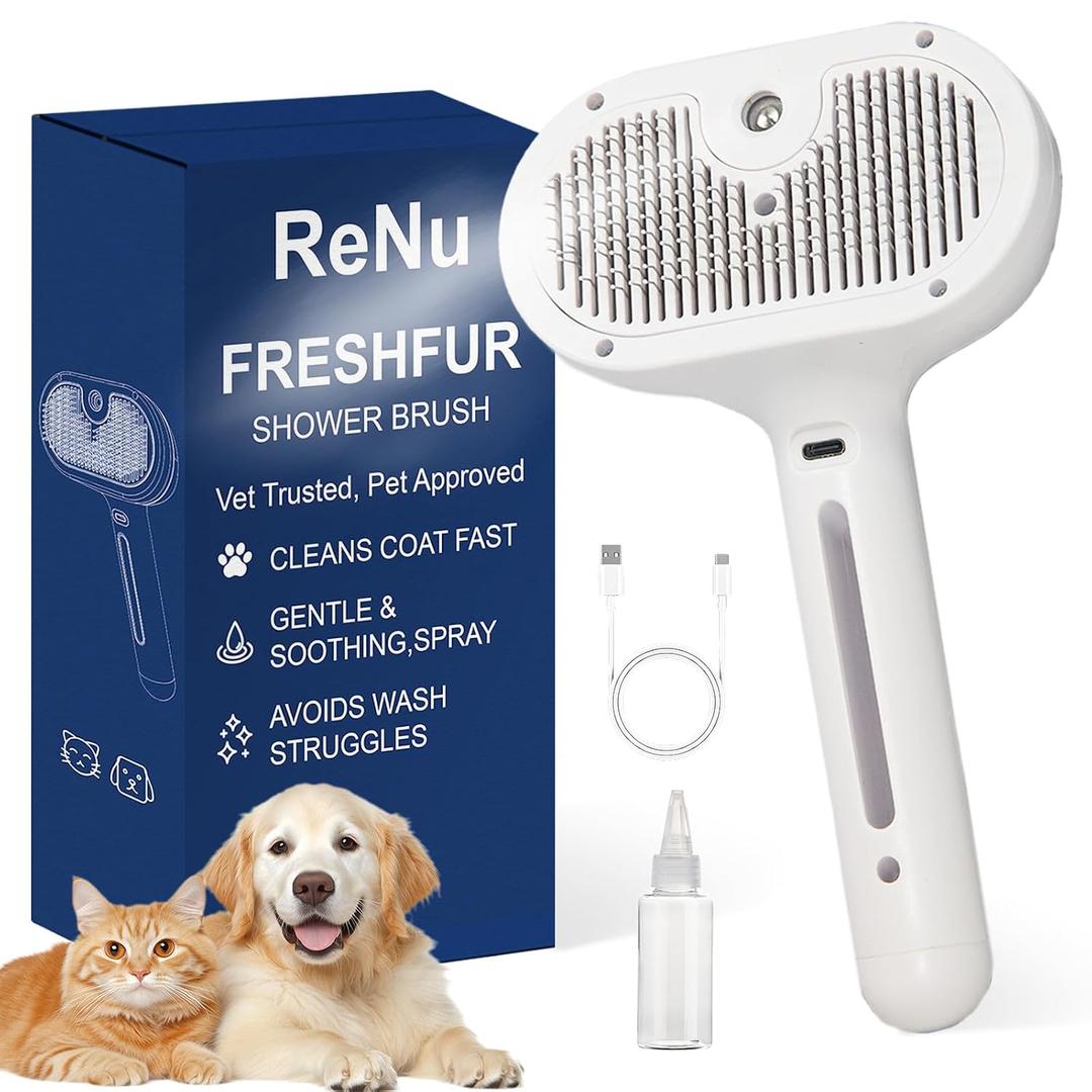 Fresh Fur Shower Brush,3 in 1 Pet Steam Brush,Spray Hair Removal Comb for Cats Dogs - Deshedding Grooming (White)