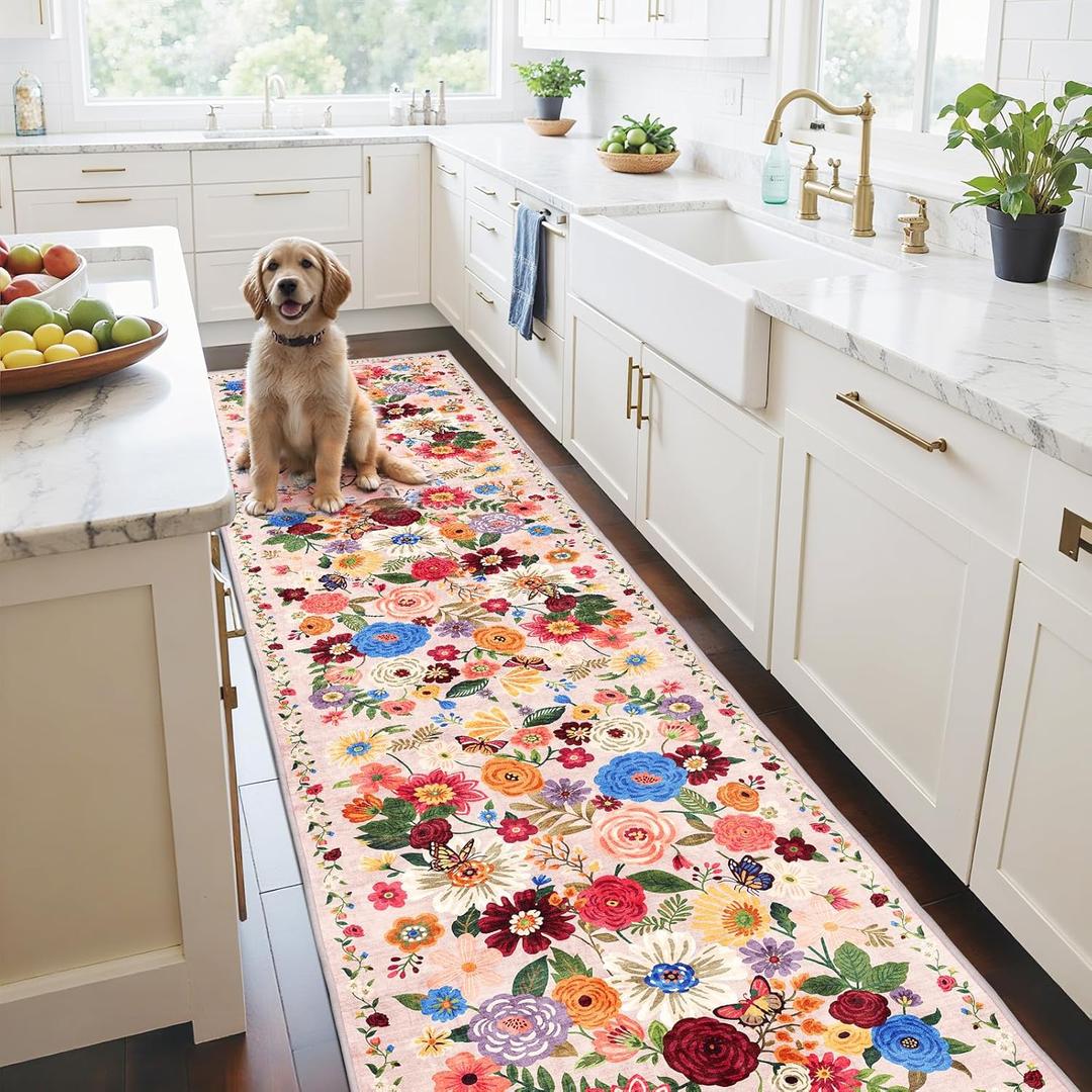 Pink/Beige Floral Hallway Runner Carpet Non-Slip, 2x10 Washable Rug Ultra-Thin Soft for Hallways, Kitchen Mat Stain Resistant for Entryway Bathroom (2 x 10, Beige/Pink Garden)