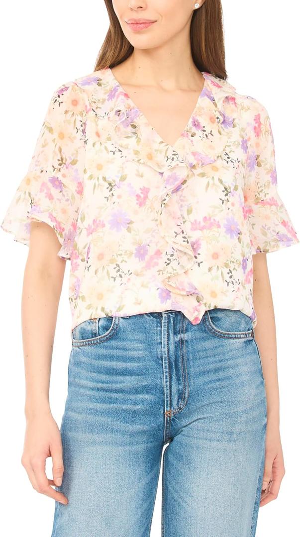 CeCe Flutter Sleeve Ruffled Short Sleeve Top (S)