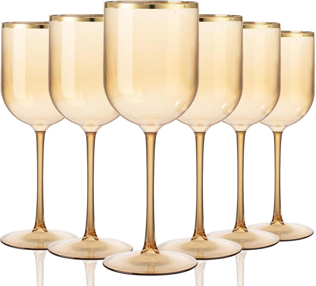 Liacere Plastic Wine Glasses Set of 8-14oz Brown Wine Cup with Gold Rim - Dishwasher Safe Plastic Wine Cups with Stem Reusable & Unbreakable Disposable wine glasses for Weddings,Party,Dinner