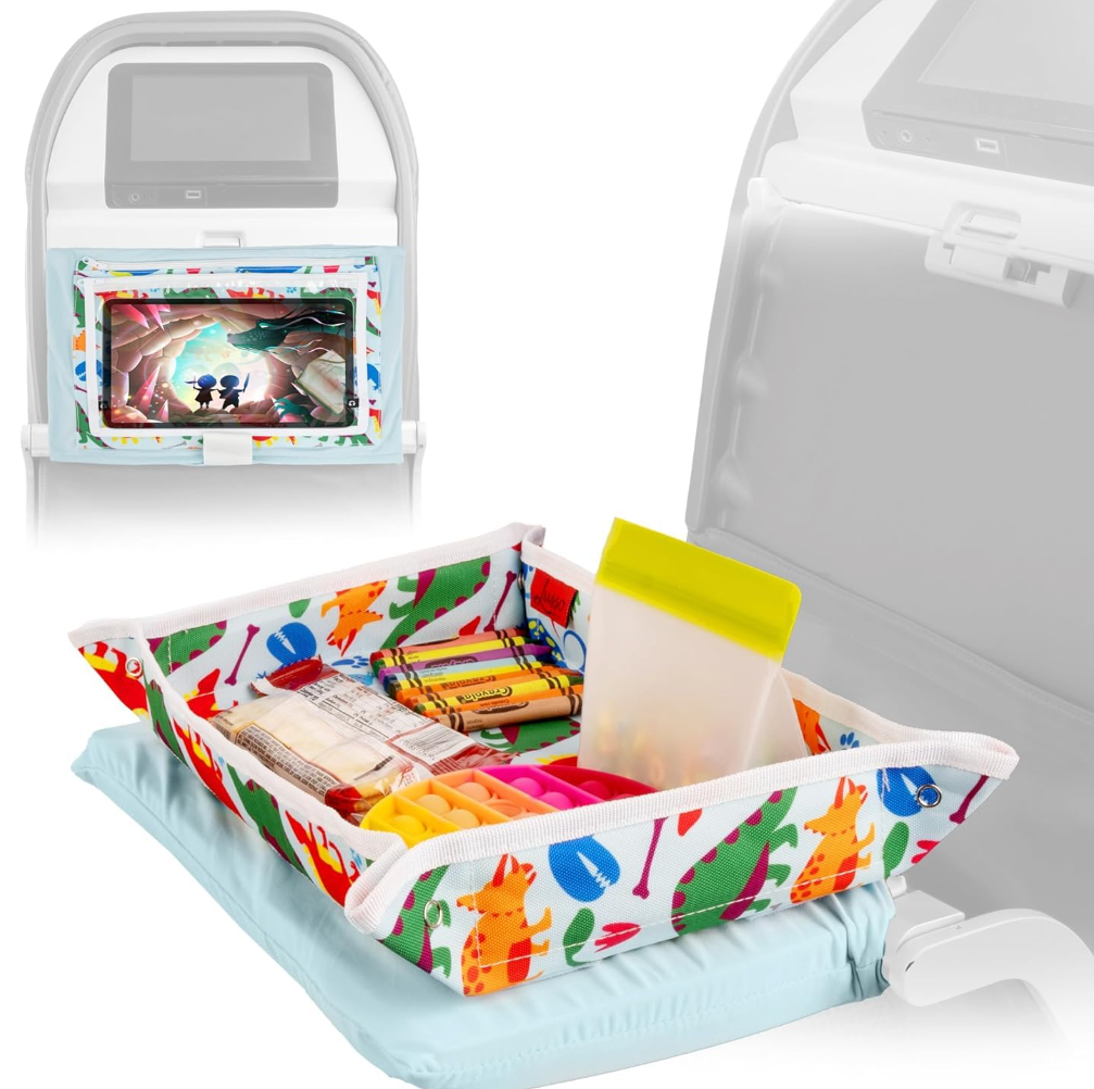 Lusso Gear Airplane Tray Table Cover - Organize Kids Travel Essentials - Snack & Toy Pockets for Airplane Toys for Toddlers 1-3 - iPad and Tablet Stand for Travel Toddler Essentials (Unicorns)