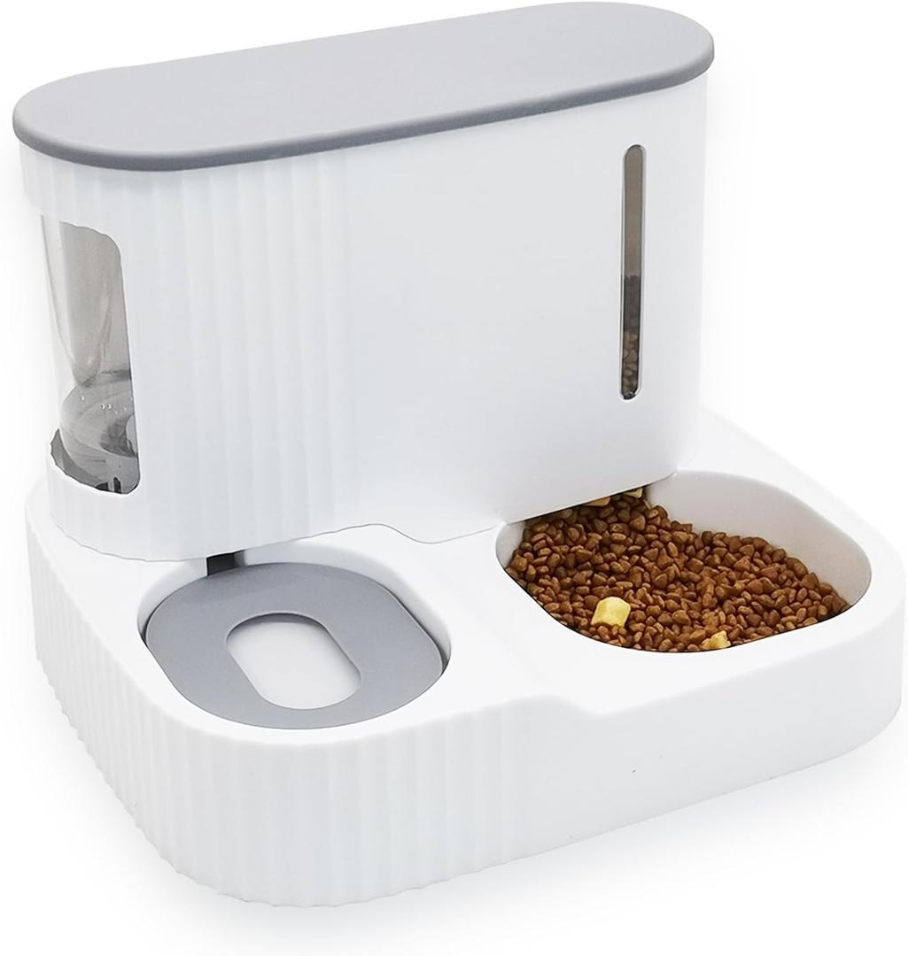 Kathson Automatic 2 in 1 Cat Feeder and Water Dispenser, Gravity Feed Pet Feeder for Indoor & Outdoor Cats (Grey)