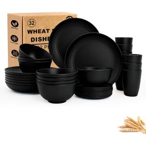 Wheat Straw Dinnerware Sets for 8,Plastic Plates and Bowls Sets 32-Piece, Unbreakable & Lightweight Dish Set, Camping Plates, Cereal Bowls, Cup Sets for Kitchen, Apartment Essentials - Black