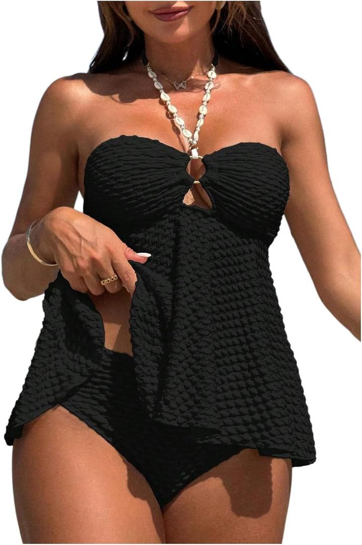 Milumia Women's Tankini Sets Two Piece Halter Cut Out Bathing Suits Tummy Control Swimsuit Flowy Swimwear (Large, Black)