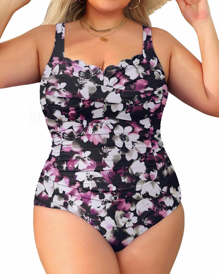 Aqua Eve Womens Plus Size One Piece Swimsuit- Tummy Control Bathing Suit Full Coverage Swimwear (Purple Floral)