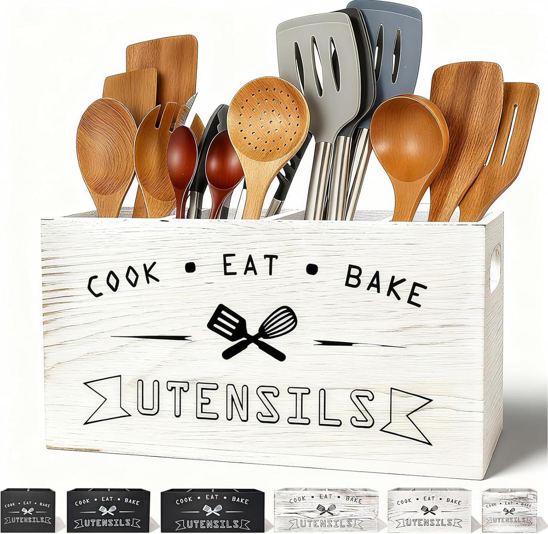 Large and Durable Retro White Wooden Kitchen Utensil Holder - Ideal Kitchen Counter Decor for Party, Counter & More Retro White 4 Compartment