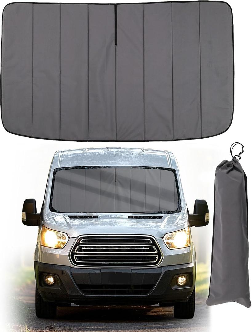 Insulated Blackout Windshield Cover for Privacy & Sun Protection, All-Season Van Life Camping Window Shade, Fit for Ford Transit 150 250 350 Medium/High Roof 2015-2025, Gray