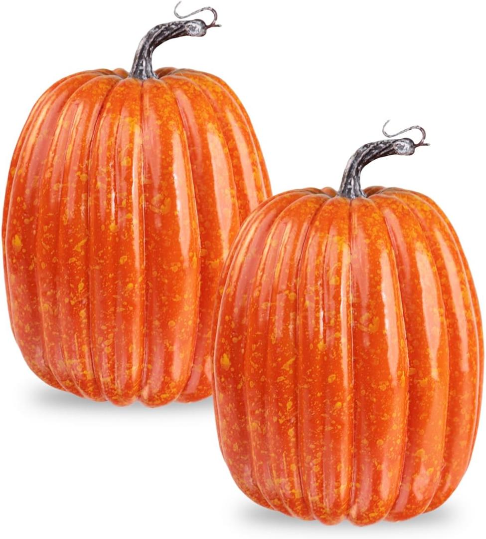 vensovo 2PCS 8 Inch Orange Plastic Pumpkins for Decorating - Large Artificial Foam Pumpkins for Fall Decor, Halloween, Thanksgiving, Paintable for DIY Crafts & Centerpieces