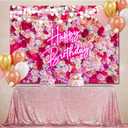 Pink Flower Birthday Backdrop Women Floral Bday Decorations,Neon Pink Happy Birthday Backdrops Banner Red Rose Flowers Photography Background Girls Bday Party Decor Photo Booth Props 8x6ft
