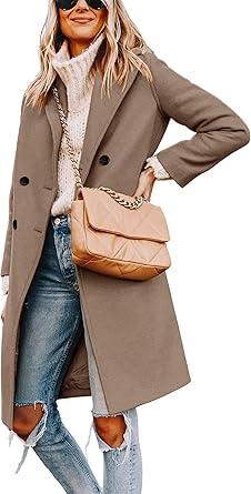 Women's Long Notch Lapel Coat, Double-Breasted Peacoat, Casual Classic Fall Winter Overcoat Khaki XL