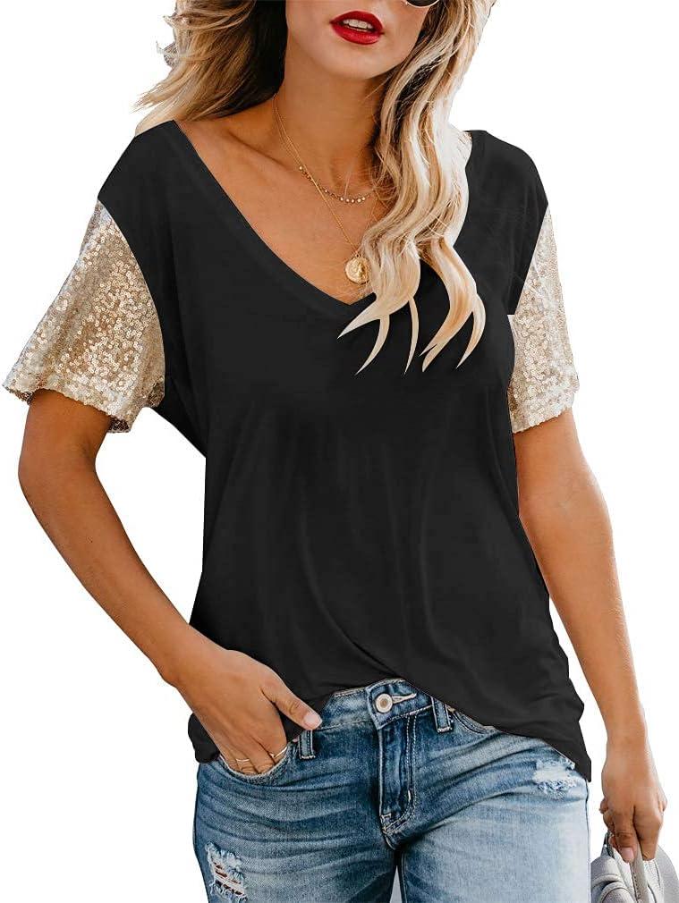Topstype Women's Sequin Short Sleeve Tee V Neck T Shirts Glitter Sparkles Loose Blouse Tops (XXLarge)