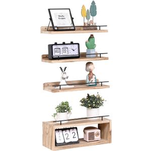 WONFUlity Bathroom Shelves Floating with Over Toilet Paper Holder, Farmhouse Wood Shelves for Living Room, Bedroom, Kitchen, Wall Decor (4 Natural) (set of 4, Light Brown)